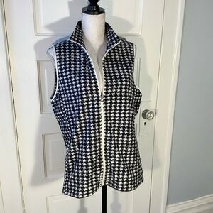Fleece Vest Black & White Herringbone Zipper, Large Pockets, Soft, Large